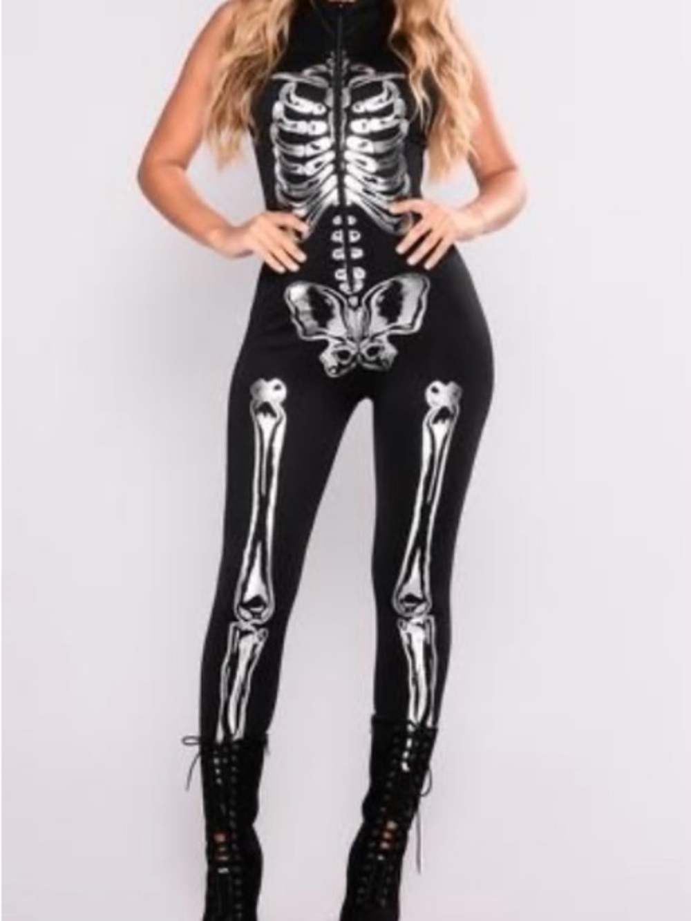 Fashion Nova Black Skeleton Print Halter Jumpsuit